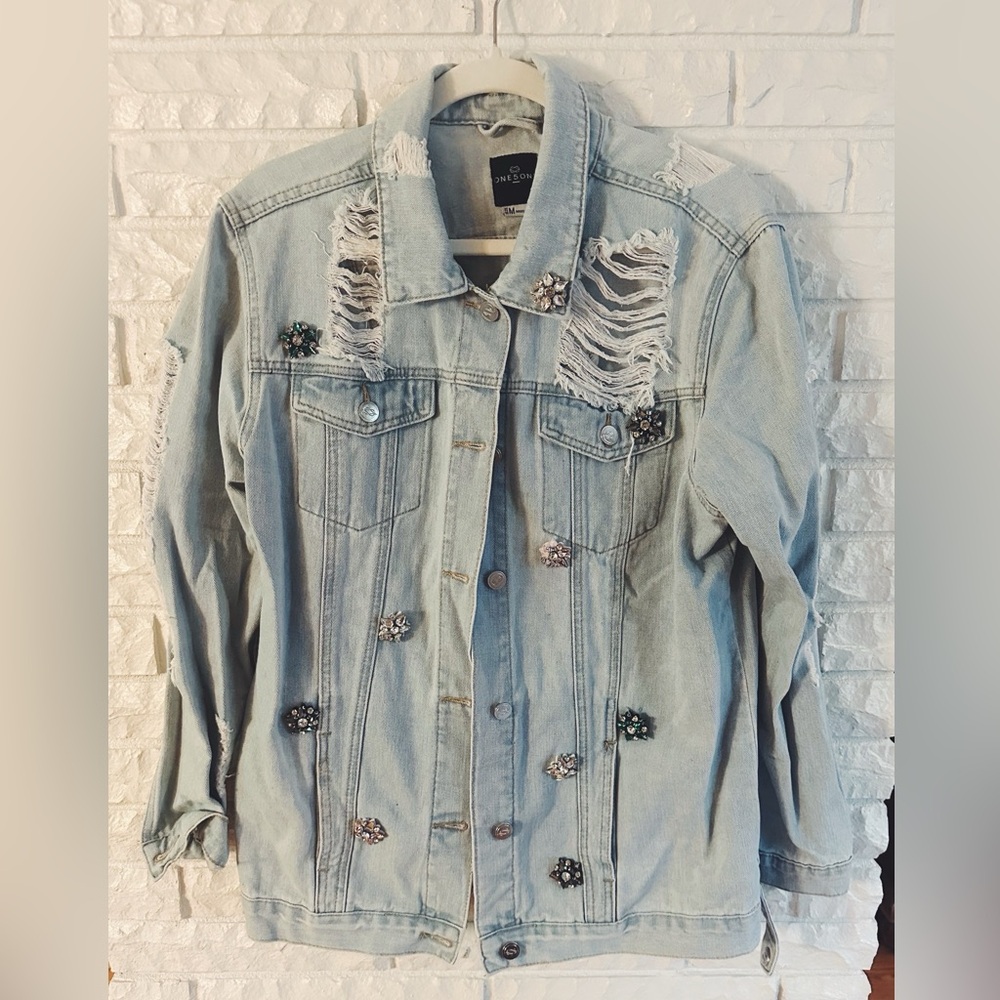 one 5 one Light Blue Distressed Jean Jacket with Embellishments
